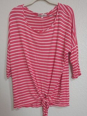 ANDREE BY UNIT Coral and White Striped Tie-Front Long Sleeve Top